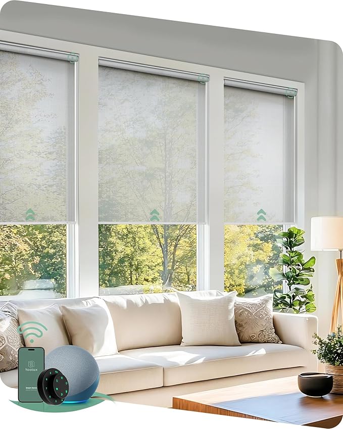 Yoolax Motorized Blinds with Remote, Sheer Smart Roller Shades Work with Alexa, Google, Apple Homekit, Custom Automatic Shades with Voice Control for Living Room (Airy White)