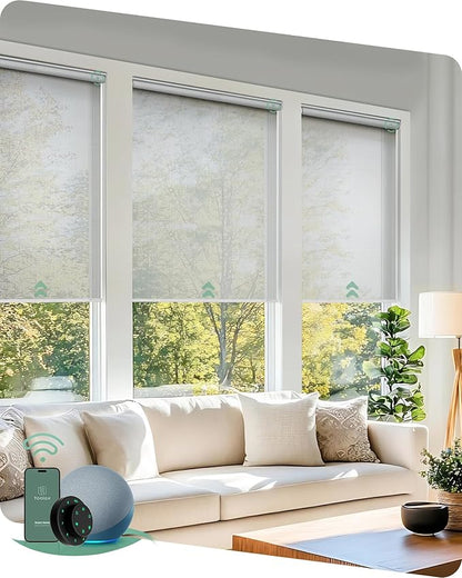 Yoolax Motorized Blinds with Remote, Sheer Smart Roller Shades Work with Alexa, Google, Apple Homekit, Custom Automatic Shades with Voice Control for Living Room (Airy White)