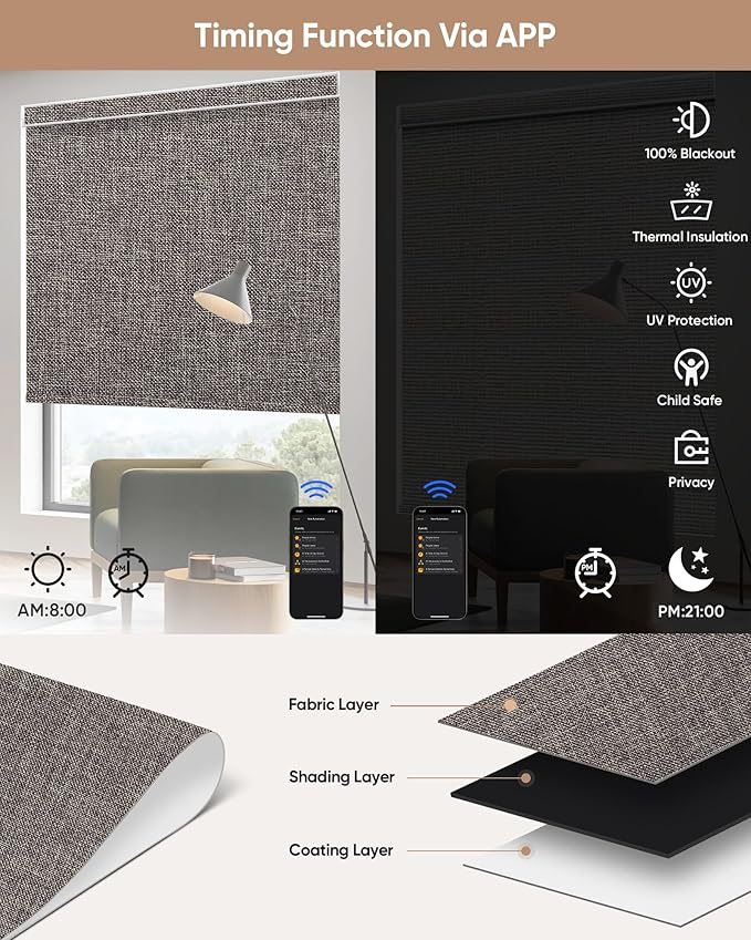 Motorized Blinds with Remote: Kincmo 100% Blackout Roller Shades Work with Apple Homekit,Alexa,Google Home, Customized Electric Blinds with App,Voice Control (100% Blackout Natural Walnut)