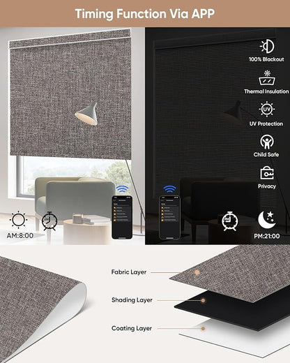 Motorized Blinds with Remote: Kincmo 100% Blackout Roller Shades Work with Apple Homekit,Alexa,Google Home, Customized Electric Blinds with App,Voice Control (100% Blackout Natural Walnut)