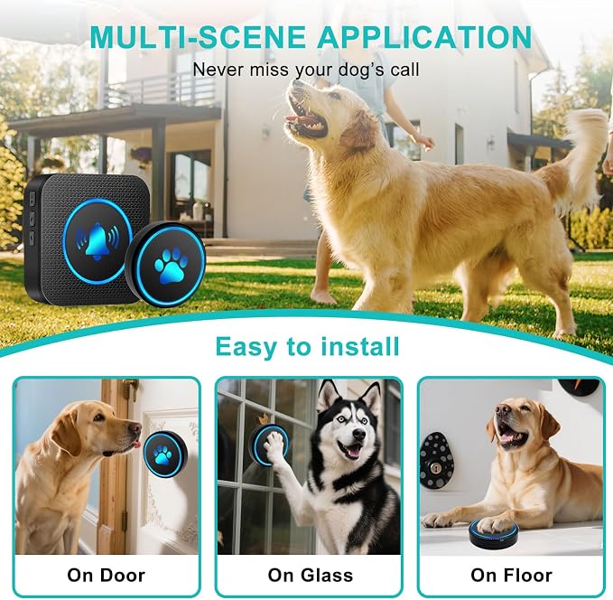 Dog Door Bell for Potty Training, Smart Wireless Doggie Doorbell to Go Outside, 1000 Feet Long Range with IP65 Waterproof Super-Light Touch Button (3 Button)