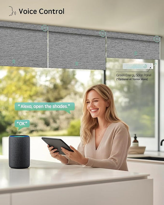 Yoolax Motorized Blinds with Remote, Designer Smart Blinds Work with Alexa, Google, Apple Homekit, 100% Blackout Motorized Shades Custom Electric Shades Voice Control (V-Basalt Stripe)