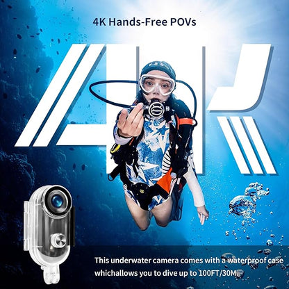 4K Action Camera, 64GB Wearable Sports Camera with Waterproof Case, Magnetic Clip, and Quick-Mount Accessories, Small Body Cam for Cycling, Diving, Travel, and Outdoor Adventures（4K-64G）