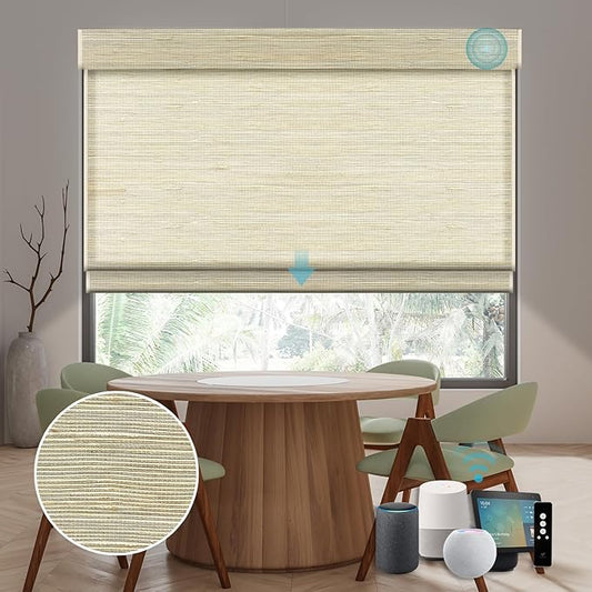 SmartWings Motorized Natural Woven Wood Shades for Windows Work with Matter Homekit Z-Wave Alexa Google, 50%/70%/100% Blackout Electric Auto Roman Shades Cordless Remote Control Customized, Linen 004