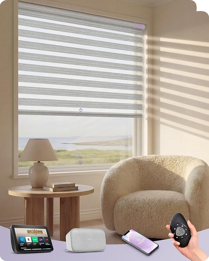 Graywind Motorized Zebra Blinds for Windows, Darkening Smart Blinds with Remote Control, Dual Layer Custom Zebra Shades Work with Alexa, Google Home, Apple Homekit, Linen Sandy