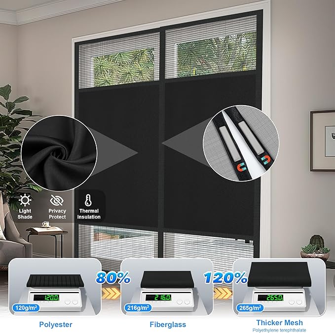 Magnetic Screen Door 72"x80" Blackout – Privacy Protection, Powerful Magnets, Heavy Duty Thicker 265g/㎡ Mesh, Easy Install, Self-Sealing, Pet Tested, Tie Backs, Screen Door Mesh