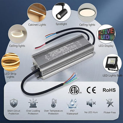 24V 60W Dimmable LED Driver, 5-in-1 TRIAC/0-10V/PWM Dimming, 100% Silent & Zero-Flicker IP67 Waterproof Power Supply, Compatible with Lutron & Leviton for LED Strip Lights, ETL Listed