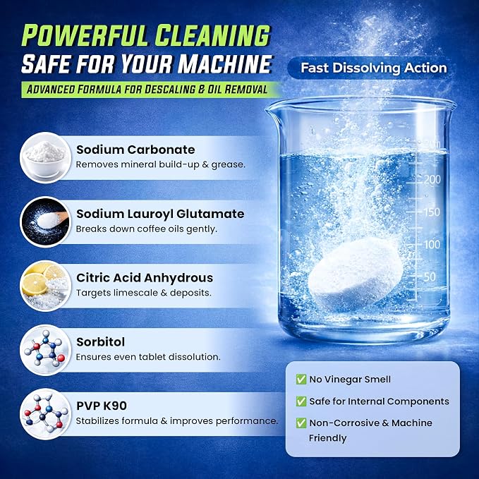 Coffee Maker Cleaner Tablets 25 Count, Coffee Machine Cleaner 1 Yr Supply | Removes Limescale, Mineral & Oil Buildup, Coffee Pot Cleaner and Descaler for Keurig, Nespresso, Ninja, Breville and DeLonghi