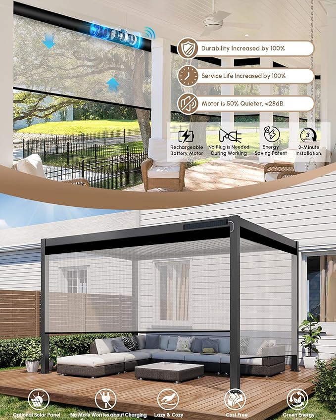 Kincmo Motorized Outdoor Shades for Patio Porch, Custom Outdoor Motorized Blinds with Remote, Waterproof & Windproof Patio Shades Work with Apple Homekit,Alexa,Google (5% Openness White)