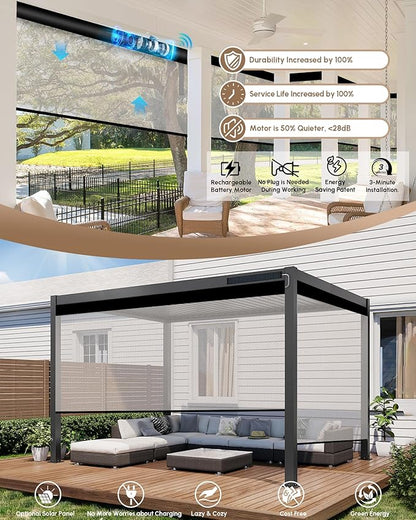 Kincmo Motorized Outdoor Shades for Patio Porch, Custom Outdoor Motorized Blinds with Remote, Waterproof & Windproof Patio Shades Work with Apple Homekit,Alexa,Google (5% Openness White)