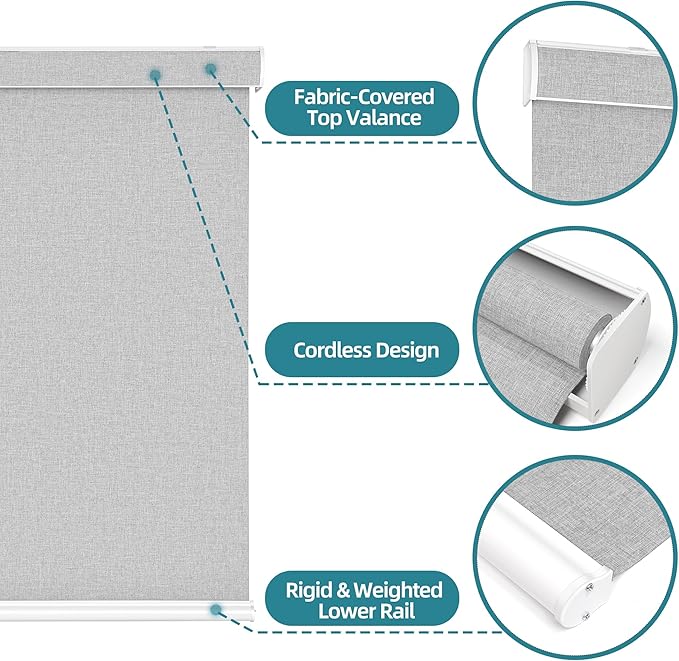 Changshade Custom Size Cordless Roller Shades with Valance, Blackout Roller Shades for Windows Roll-up Fabric Blinds with Thermal Insulated for French Door, Easy Installation Deep Grey