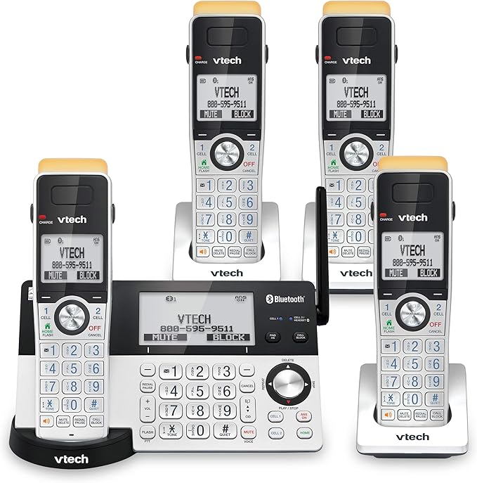 VTech IS8151-4 Super Long Range 4 Handset Cordless Phone for Home with Answering Machine, 2300 ft Range, Call Blocking, Bluetooth, Headset Jack, Power Backup, Expandable to 12 HS, Silver/Black