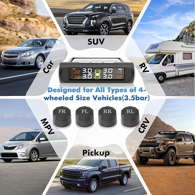 Tire Pressure Monitoring System with Solar Charge,TPMS Tire Pressure Monitor System with 4 External sensors & 5 Alarm Modes, Real Time Monitoring Pressure & Temperature,Suitable for 4 Wheeled Vehicles