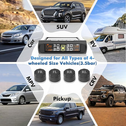Tire Pressure Monitoring System with Solar Charge,TPMS Tire Pressure Monitor System with 4 External sensors & 5 Alarm Modes, Real Time Monitoring Pressure & Temperature,Suitable for 4 Wheeled Vehicles