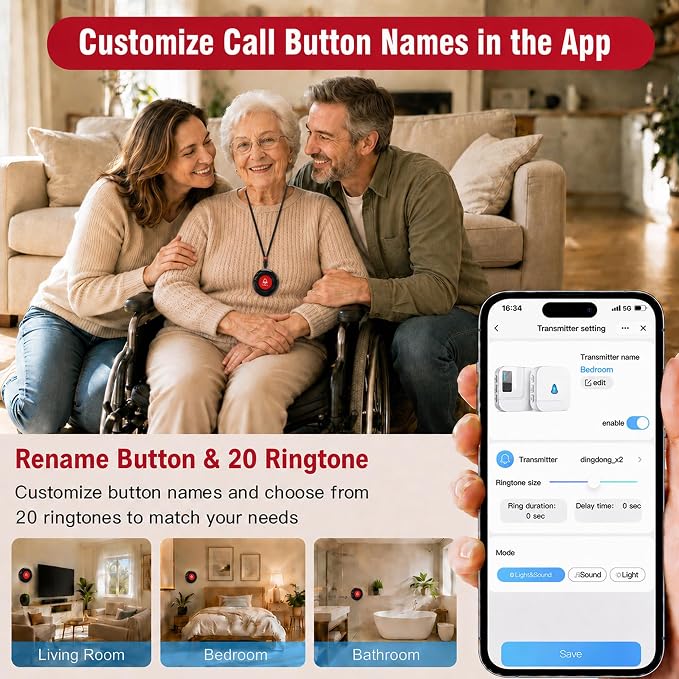 SanJie Wi-Fi Wireless Caregiver Pager Call Button for Elderly at Home - Alert Systems with App Remote Alerts & Device Sharing Suitable for Seniors & Patients and People with Disabilities