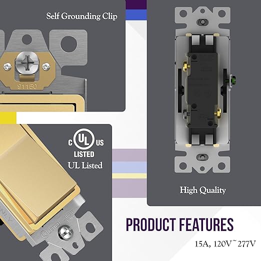 ENERLITES Elite Series Decorator Rocker Light Switch, 15A 120V/277V, Gloss Finish, Single Pole, 3 Wire, Grounding Screw, Residential Grade, UL Listed, 91150-GD, Gold Color (10 Pack)