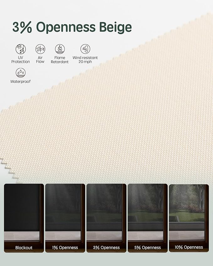 Yoolax Customized Motorized Outdoor Shades, Smart Blinds Compatible with Alexa Google, Remote Control Waterproof Blinds for Patio Porch Windows Outside (3% Openness Beige)