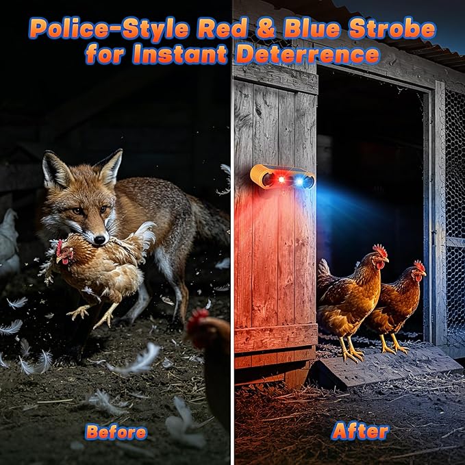 Solar Motion Sensor Alarm Outdoor, Red & Blue LED Strobe Light with 130dB Dual Speakers, 13 Loud Sounds Dog Barking & Siren, Continuous Loop Playback, 4 Modes for Deer Bear Coyote Fox Deterrent