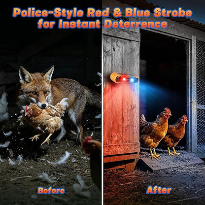 Solar Motion Sensor Alarm Outdoor, Red & Blue LED Strobe Light with 130dB Dual Speakers, 13 Loud Sounds Dog Barking & Siren, Continuous Loop Playback, 4 Modes for Deer Bear Coyote Fox Deterrent