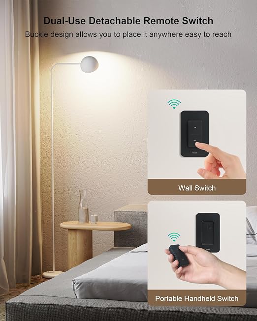Remote Control Outlet Switch with Wireless Wall Switch, Black | 200FT RF Range, Mini Plug, 15A/1875W, Remote Switch for Lamps/Lights/Household Appliances, ETL & FCC listed, Pre-Programmed