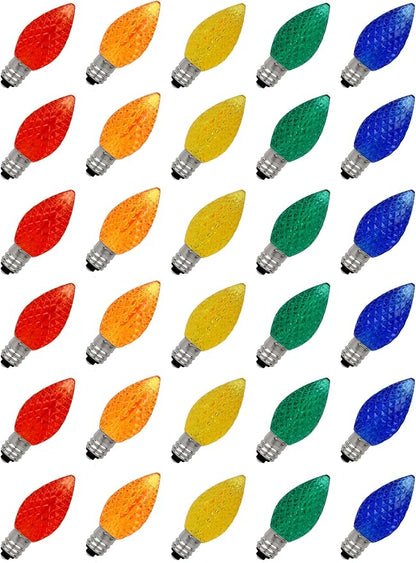 30-Pack C7 LED Replacement Christmas Light Bulbs, Shatterproof Cool White Bulbs for Outdoor String Lights, 0.6W Energy Saving, E12 Base, Modern & Functional Holiday Lighting