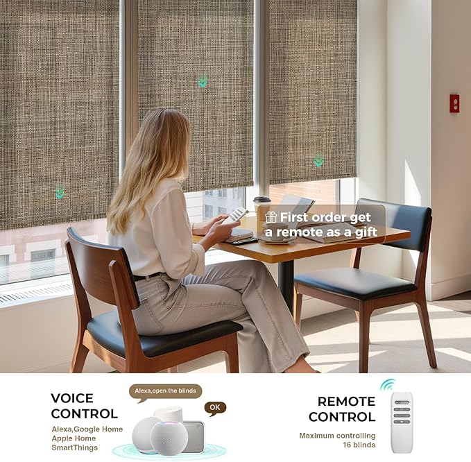 HeyBlinds Motorized Solar Shades with Remote, Light Filtering Mesh Roller Shades, Flame Retardant Smart Blinds, UV Blocking, Alexa Google HomeKit Compatible, Custom Size (Cocoa Grid-5% Openness)