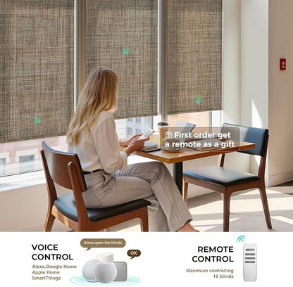 HeyBlinds Motorized Solar Shades with Remote, Light Filtering Mesh Roller Shades, Flame Retardant Smart Blinds, UV Blocking, Alexa Google HomeKit Compatible, Custom Size (Cocoa Grid-5% Openness)