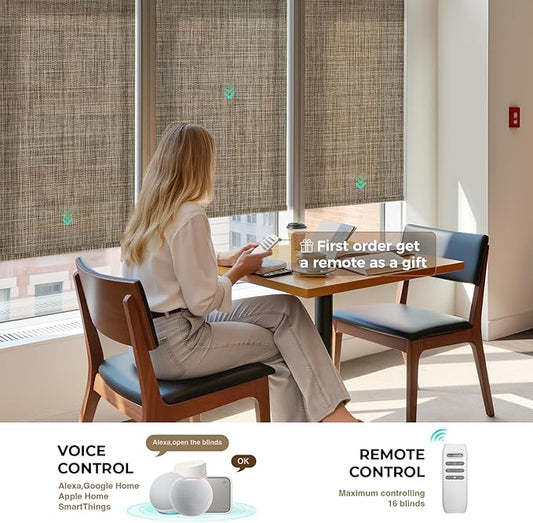 HeyBlinds Motorized Solar Shades with Remote, Light Filtering Mesh Roller Shades, Flame Retardant Smart Blinds, UV Blocking, Alexa Google HomeKit Compatible, Custom Size (Cocoa Grid-5% Openness)