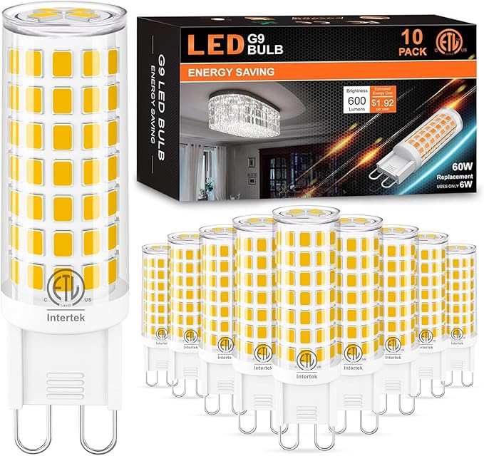 10-Pack G9 LED Bulbs 3000K Yellow, Warm White, 6W 60W Equivalent, 600LM Warm White T4 Crystal Chandelier Lights, G9 Bi-Pin Ceramic Base, Non-Dimmable