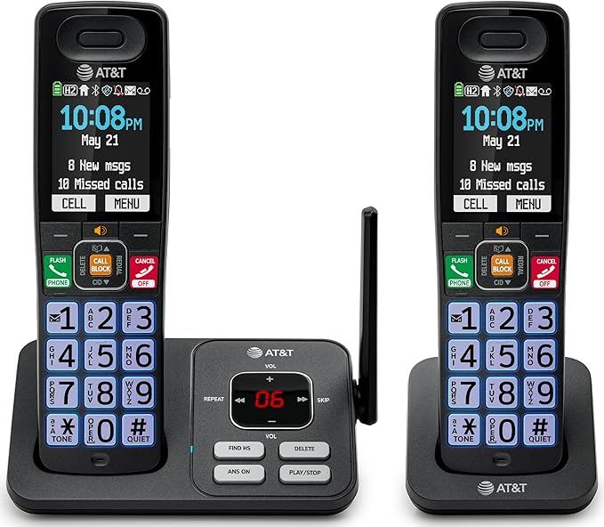 AT&T Cordless Phone, Landline Phones for Home with Smart Call Blocker, 2 Handsets Bluetooth Phone, Large Color Display, Big Buttons, Long Range, Digital Answering System: BL108-2 (Charcoal & Silver)
