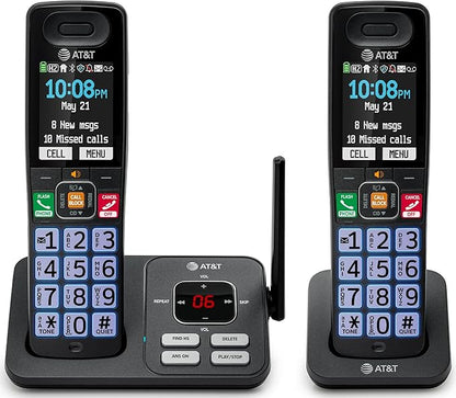 AT&T Cordless Phone, Landline Phones for Home with Smart Call Blocker, 2 Handsets Bluetooth Phone, Large Color Display, Big Buttons, Long Range, Digital Answering System: BL108-2 (Charcoal & Silver)