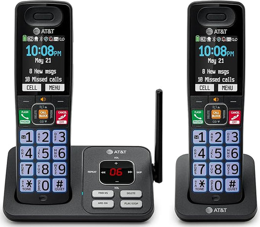 AT&T Cordless Phone, Landline Phones for Home with Smart Call Blocker, 2 Handsets Bluetooth Phone, Large Color Display, Big Buttons, Long Range, Digital Answering System: BL108-2 (Charcoal & Silver)