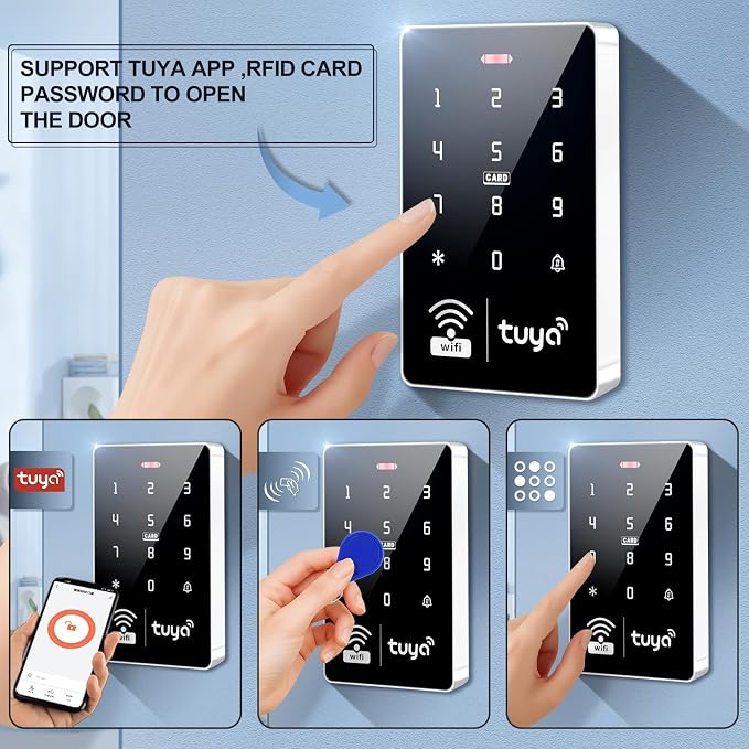 Tuya Access Control Kit with Electric Bolt Lock | Complete kit incl keypad, electric bolt lock, exit button, 36W PSU, IP68, 1000 users, IC/ID, 10 blue cards