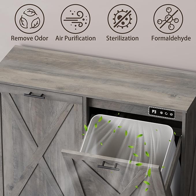 Double Tilt Out Trash Can Cabinet, Wooden Farmhouse Kitchen Garbage Bin Enclosure with Negative Ion Odor Control, Hidden Dog Proof Trash or Laundry Basket Storage for Laundry Room, Grey