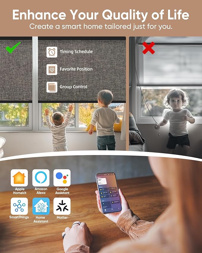 Motorized Blinds with Remote: Kincmo 100% Blackout Roller Shades Work with Apple Homekit,Alexa,Google Home, Customized Electric Blinds with App,Voice Control (100% Blackout Natural Cocoa)