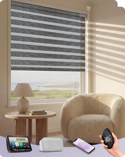 Graywind Motorized Blinds with Remote, Smart Zebra Shades for Windows, Hardwired Roller Blinds Compatible with Alexa, Apple Homekit, Google Home, Custom Size,Night Fog