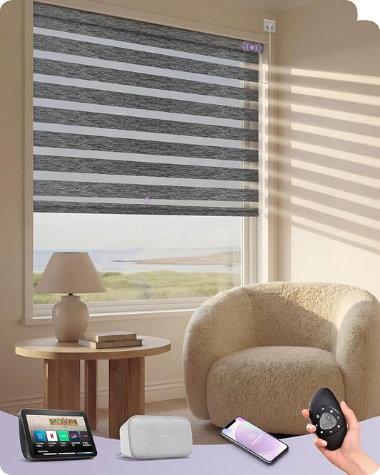 Graywind Motorized Blinds with Remote, Smart Zebra Shades for Windows, Hardwired Roller Blinds Compatible with Alexa, Apple Homekit, Google Home, Custom Size,Night Fog