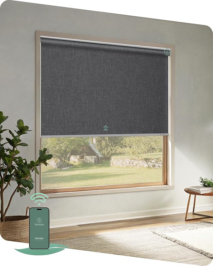 Yoolax Motorized Shades App Control, Blackout Automatic Blinds for Indoor Windows, Electric Roller Shades for Bedroom Living Room Office (Blackout Ashfall Gray, 52" W x 87" H)