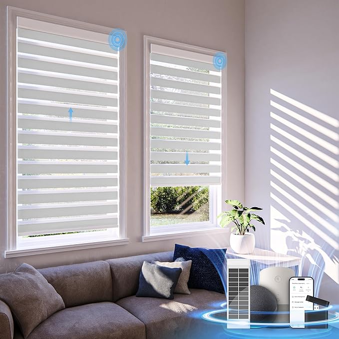 Motorized Zebra Blinds with Remote,Rechargeable Smart Electric Cordless Shade，White，48" W X 72" H