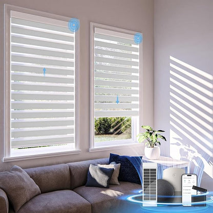 Motorized Zebra Blinds with Remote,Rechargeable Smart Electric Cordless Shade，White，30" W X 72" H