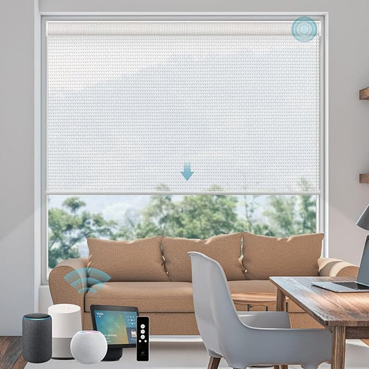 SmartWings Motorized Smart Blinds for Windows in Light Filtering, Electric Remote Roller Shades Compatible with Alexa/Google Home/Homekit, Custom Up to 110”W x 148”H, 5% Openness Aventus Ice