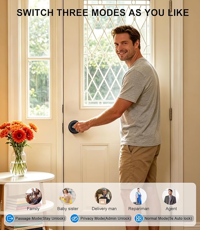 Smart Door Knob with Lock, Keyless Entry Fingerprint Door Lock, Black | Smart Lock with Auto-Lock , App, Key, Fingerprint Door Locks for Front Door, Garage, Apartment, Hotel, Interior, Exterior