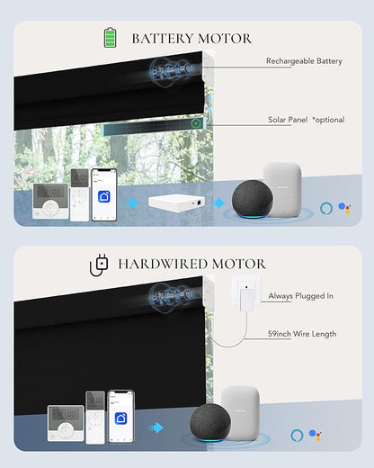 Motorized Blinds Compatible with Alexa Google 100% Blackout Smart Blind Automatic Window Roller Shades Remote Control Custom Size Double-Sided Fabric Black