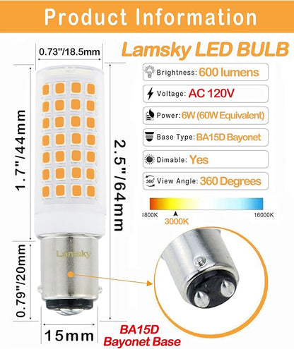 BA15D Led Bulbs 6W Dimmable 120V,B15 Double Contact Bayonet Base,Soft Warm White 3000K,60W JD Type T3/T4 Halogen Equivalent Replaces for Pendants Ceiling Fans Sewing Machine Light(6-Pack)
