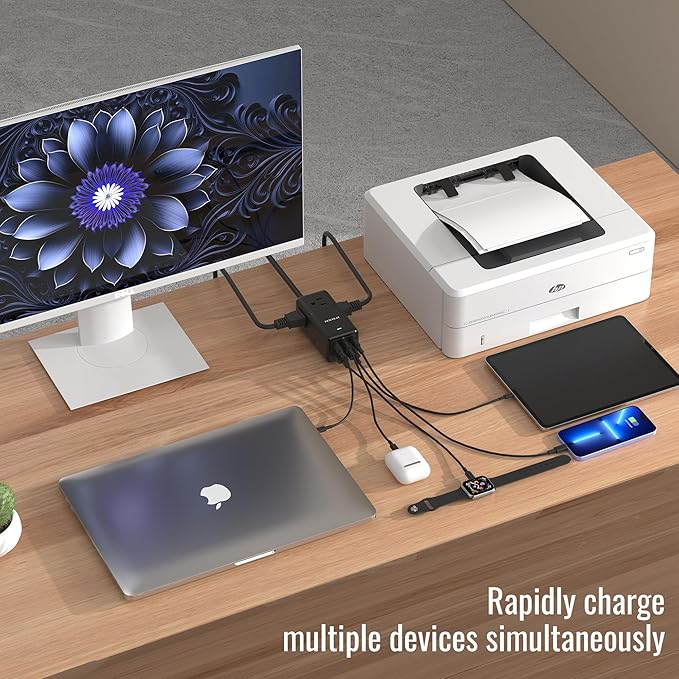 NENJI 75W GaN USB C Charger Station, Super Fast Charging 8-in-1 Power Strip with 5 USB & 3 AC Ports, Smart Charging, PD Charger for iPhone, Samsung, iPad, MacBook – Desktop & Travel-Friendly – Black