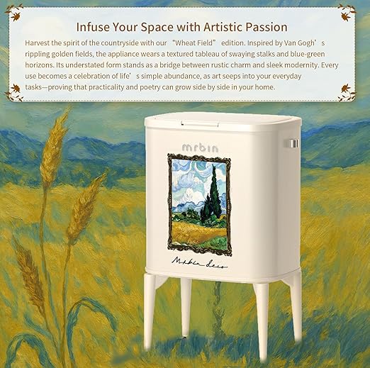 MRBIN Metal Kitchen Trash Can with Wheel Legs, 36L / 9.5gal Medium Press Lid Slim Removable Waste Basket, Pet Proof Tall Narrow Garbage Pail for Vanity, Bedroom, Bathroom, Living Room, Wheatfield