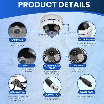 HD 1080P 2MP 180 Degree Surveillance Security Camera Wired Coax Fisheye 1.7mm Lens Super Wide Angle Dome Camera Outdoor 4 in 1 (TVI/AHD/CVI/BNC Real Hybrid Analog CCTV Cameras) IR Night Vision