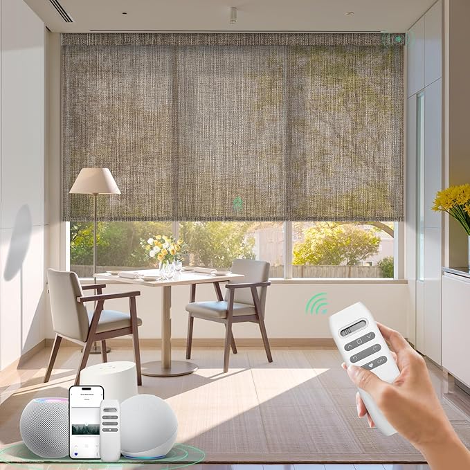 HeyBlinds Motorized Solar Shades with Remote, Light Filtering Mesh Roller Shades, Flame Retardant Smart Blinds, UV Blocking, Alexa Google HomeKit Compatible, Custom Size (Vintage Mocha-8% Openness)