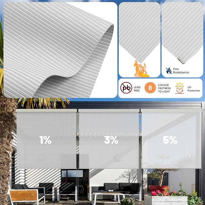 Motorized Outdoor Shades, Custom Patio Roller Blinds with Remote, Smart Exterior Sun Shades Compatible with Alexa, HomeKit, Google Home (1% Openness Sliver)
