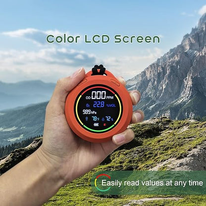 Oxygen Detector, SQECH 5-in-1 Rechargeable Oxygen Monitor Measures CO/O2/Temperature/Humidity/Atmospheric Pressure, Portable Oxygen Meter with Alarm & Color Backlight, for Home, Camping, RV, Travel